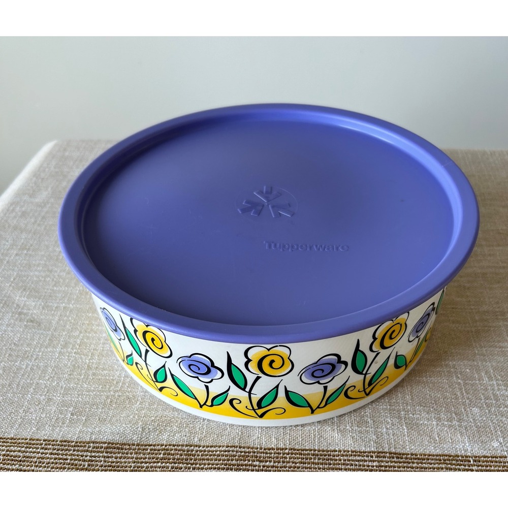 Tupperware Vintage Floral Storage Bowl 3421A-2 Purple Lid Yellow Flowers 9 Inch